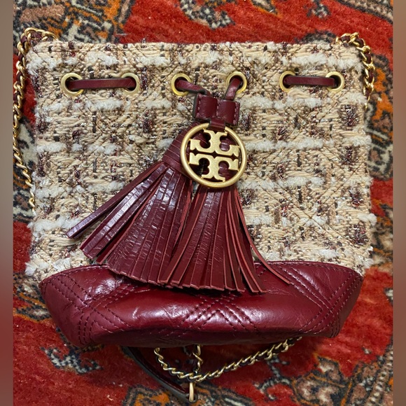Tory Burch Fleming Tweed mini bucket bag red burgundy - Picture 4 of 4